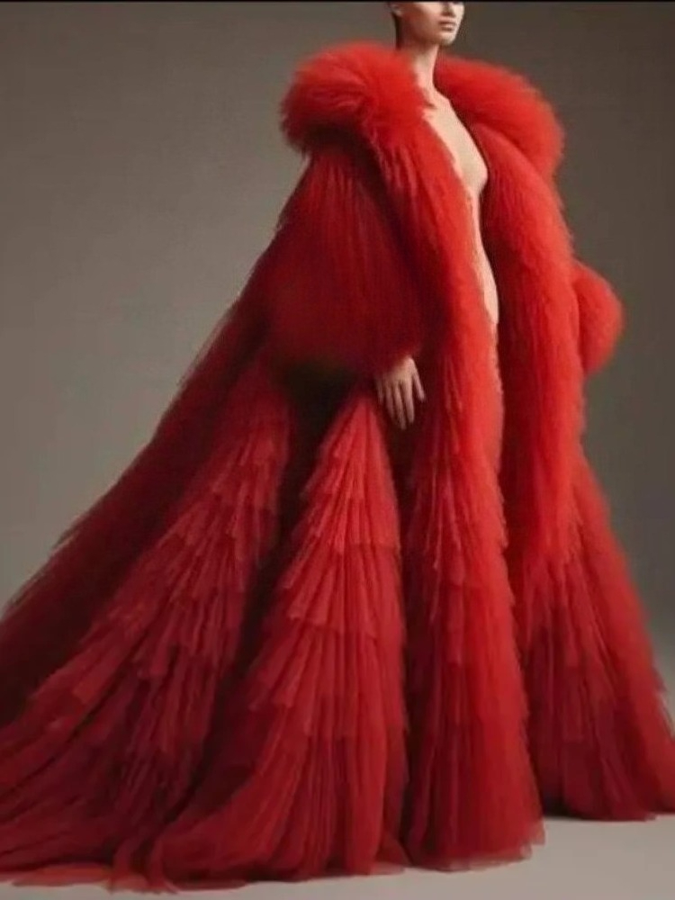 Women'S Red Formal Wear - Jubah Lengan Panjang Berlipit Ruffle Merah,