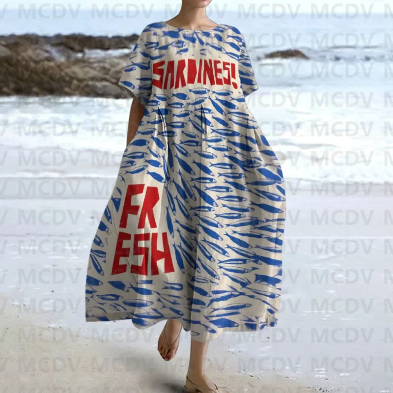Midi Dress - Gaun Midi kasual wanita, seni ikan