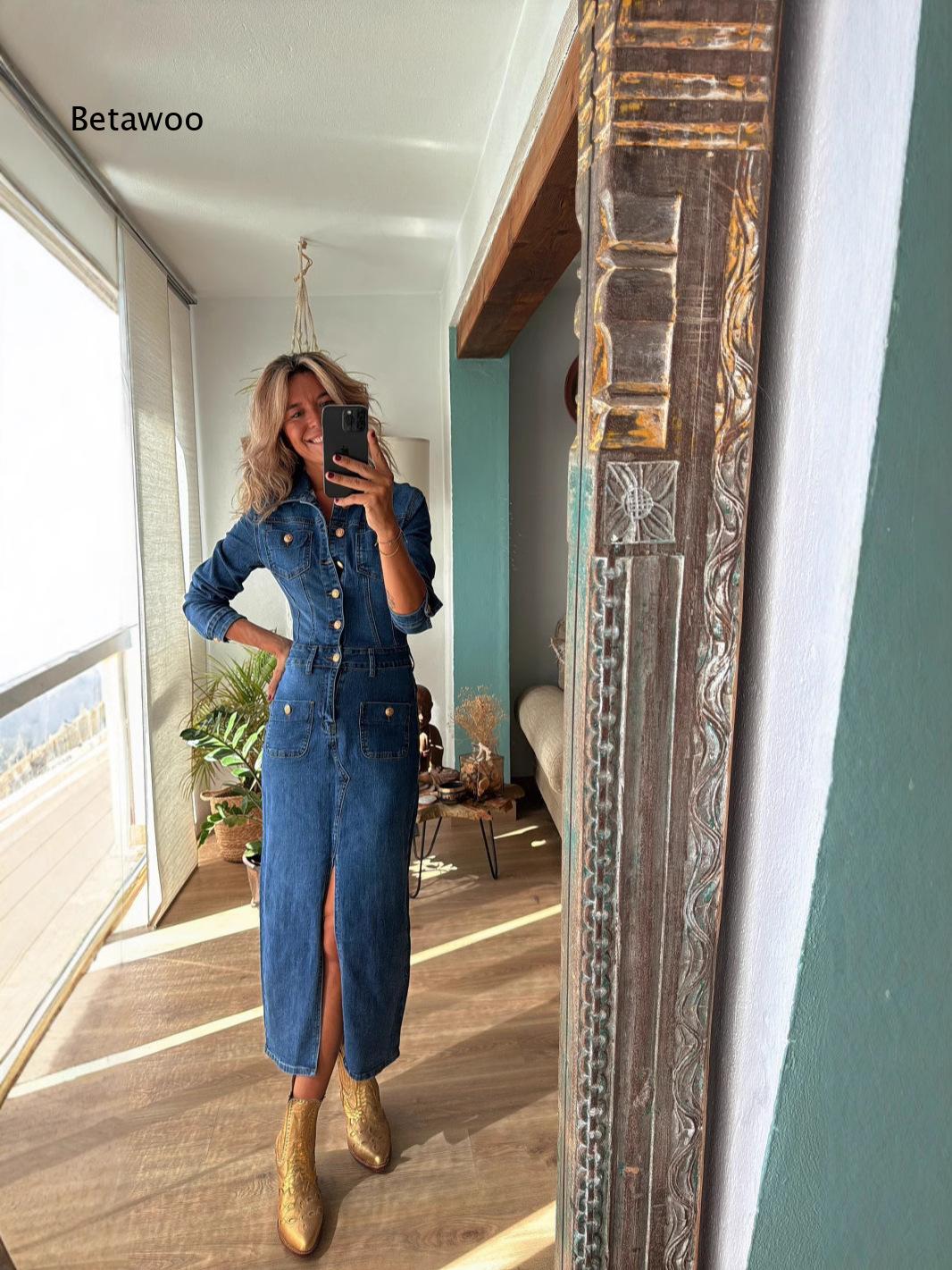 Gaun Midi Denim Hitam untuk Wa - Midi Dress ulasan dan harga