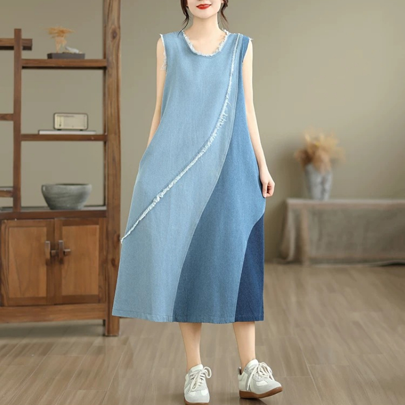 Gaun denim midi tanpa lengan d - Midi Dress ulasan dan harga