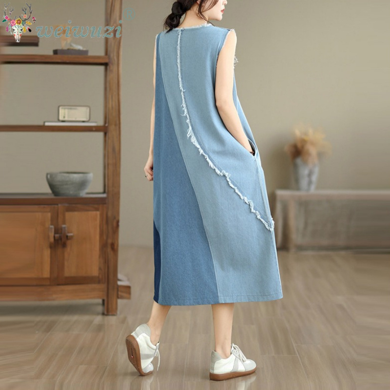 Gaun denim midi tanpa lengan d - Midi Dress ulasan dan harga
