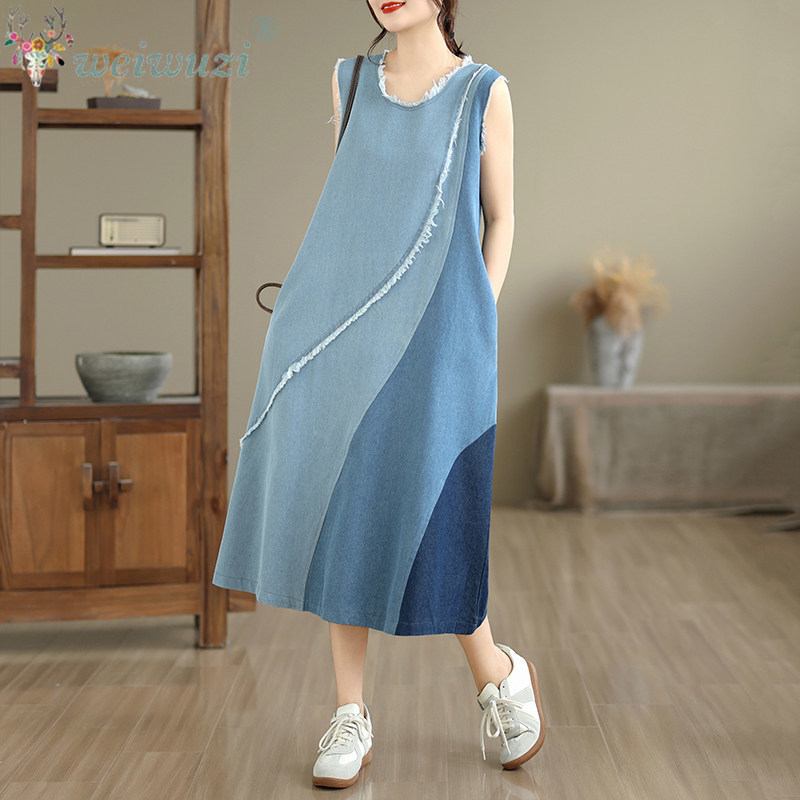 Gaun denim midi tanpa lengan d - Midi Dress ulasan dan harga