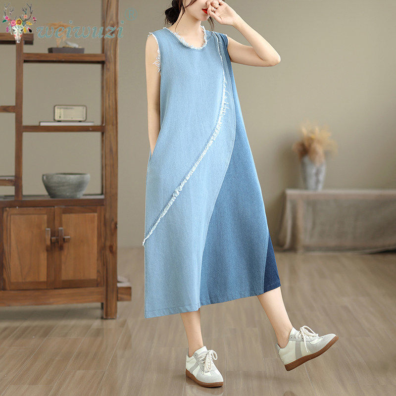 Gaun denim midi tanpa lengan d - Midi Dress ulasan dan harga